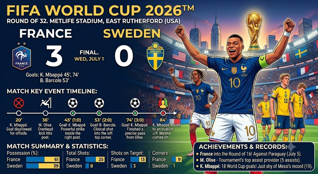France vs Sweden 3-0 World Cup 2026 – Mbappé Brace, Olise Double Assist & Match Report